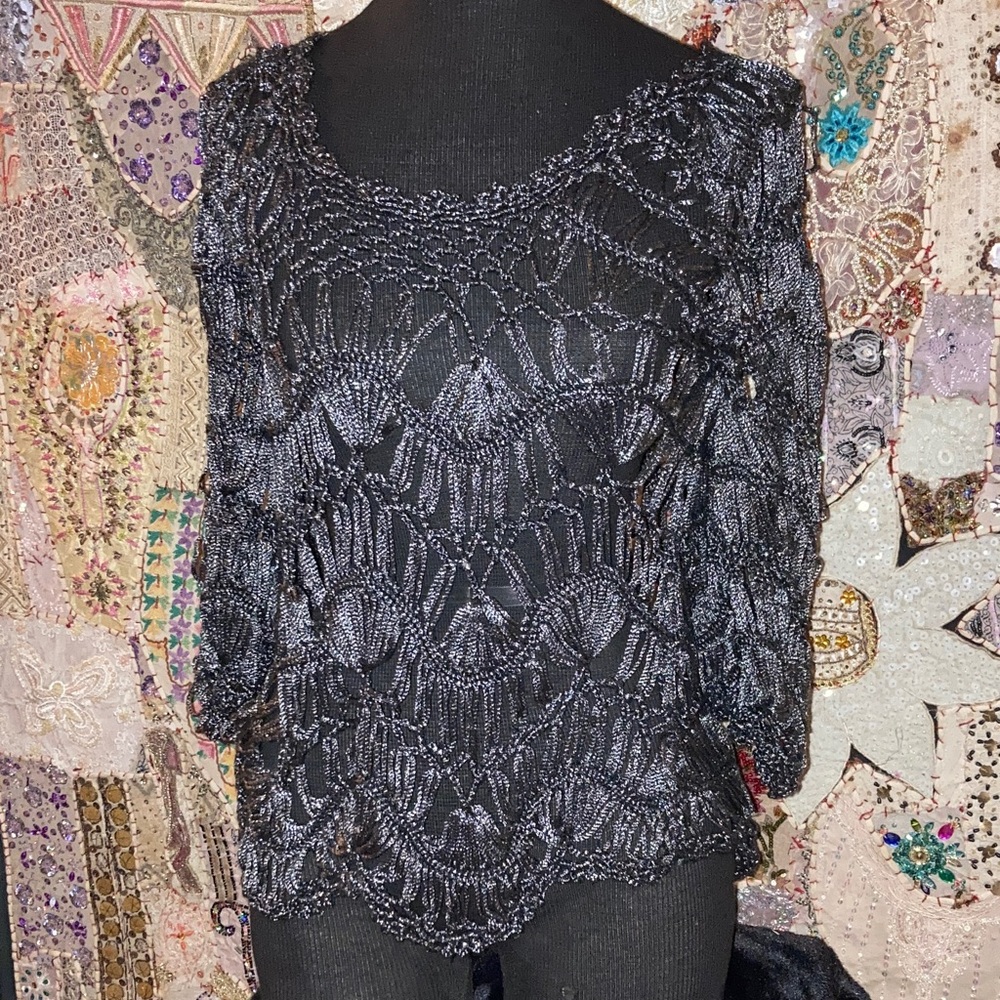 Beaded Black Crochet-Style Evening Blouse